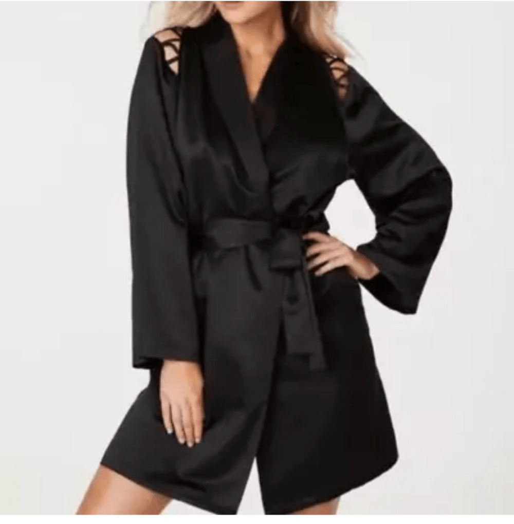 Frederick's of Hollywood Black Satin Sexy Summer Lattice Lacing Robe Small NWT $